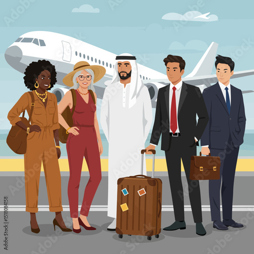 A vibrant illustration depicting four diverse business travelers, a man and woman of color, and two older men in business attire, preparing to board a plane.