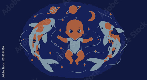 Adorable baby floating among two koi fish, surrounded by stars, planets, and a moon.
