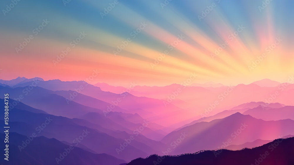 Fototapeta premium The sunrise over the mountain peaks casts pink and purple hues in the sky, creating a stunning natural beauty that is perfect for postcard or advertising design.