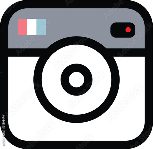 Retro style camera icon with black and white body and red shutter