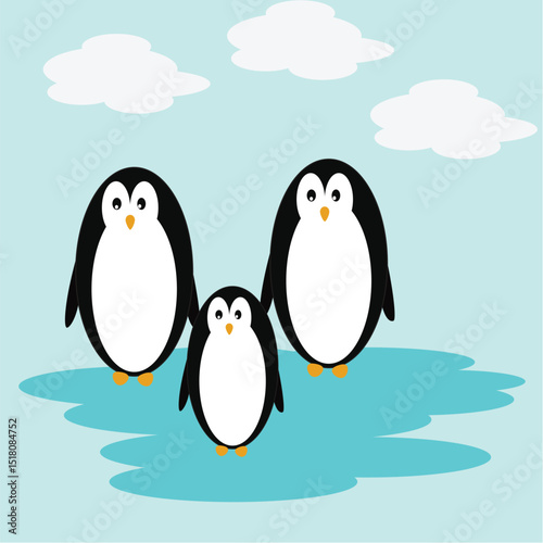 Cute cartoon penguins on snowy rocks in a winter wonderland of ice and snow