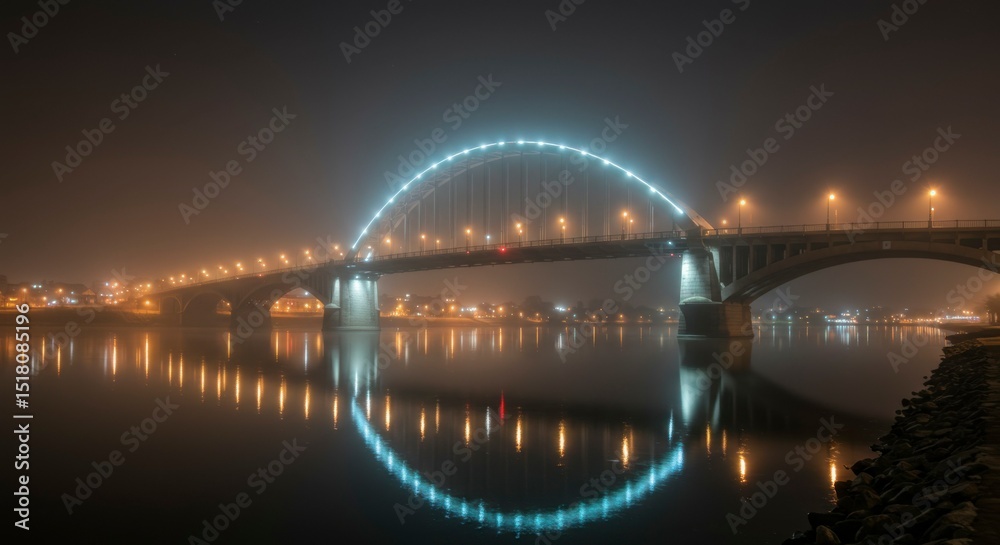 Fototapeta premium Misty night bridge lights reflect