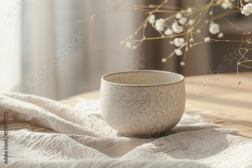 Ceramic bowl on linen cloth with flowers in soft sunlight
