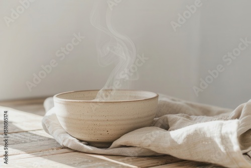 Steaming bowl on textured linen napkin against a bright background