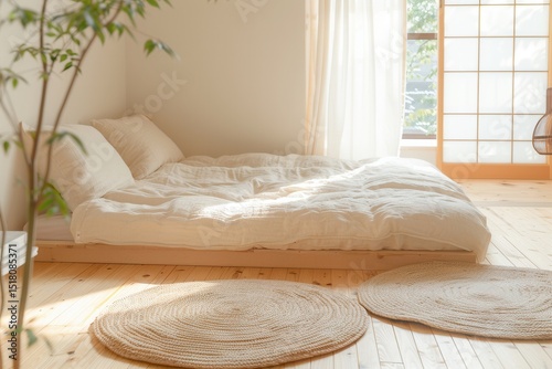Cozy minimalist bedroom with soft bedding and natural light