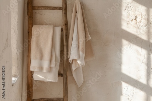 Decorative towels hanging on a wooden ladder against wall
