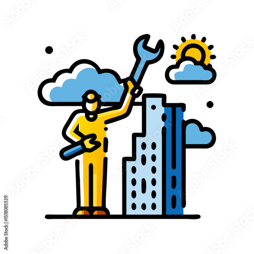 People standing on a building Wearing a mechanic's uniform and holding tools , Labor Day Vector 
