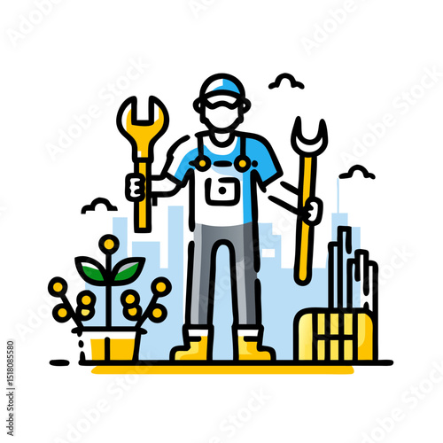 People standing on a building Wearing a mechanic's uniform and holding tools , Labor Day Vector 