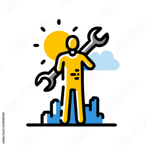 People standing on a building Wearing a mechanic's uniform and holding tools , Labor Day Vector 