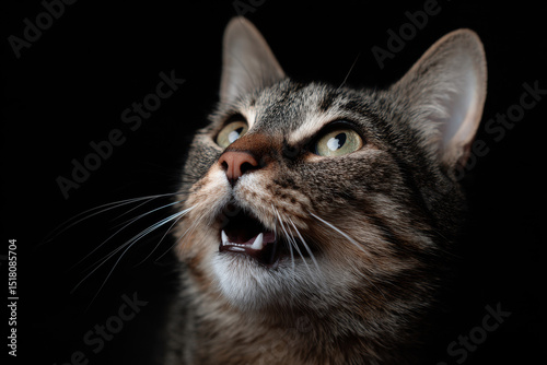 Curious tabby cat with open mouth against dark background