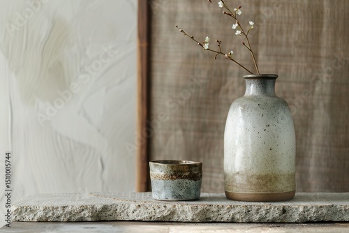Ceramic vase and cup with branches on natural stone background