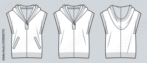 Sleeveless Hoodie Vest Technical Flat Sketch. Hooded Sweatshirt fashion flat technical drawing template, front and back view, white, pockets, women, men, unisex CAD mockup.