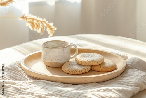 Cup of coffee with cookies on wooden plate