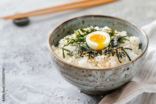 Rice bowl with egg and seaweed on textured background