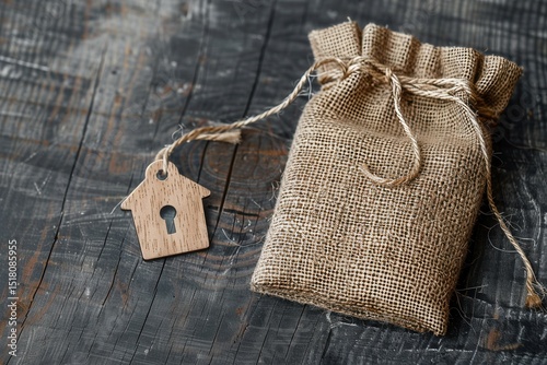Jute bag with wooden house key tag on wooden table