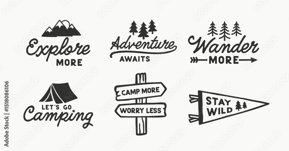 Outdoor adventure badge set with camping quotes and forest illustrations. Perfect for t-shirt designs, stickers, travel gear, or hiking-themed merchandise.	