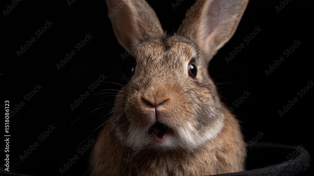 Fototapeta premium Surprised rabbit peeks out of magician hat against dark background