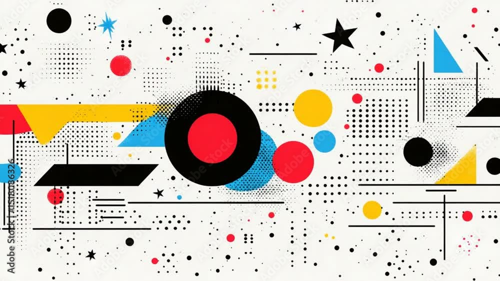 Dynamic abstract background of geometric shapes with bold colors and halftone effects