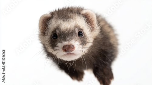 Ferret midair with funny expression on white background
