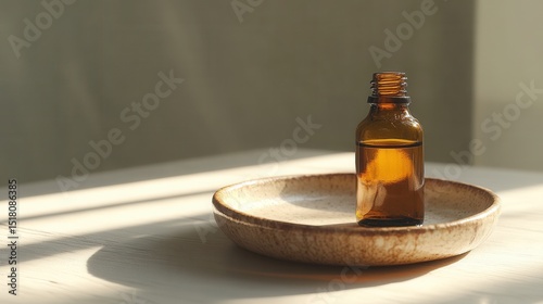 Amber bottle with essential oil on ceramic plate