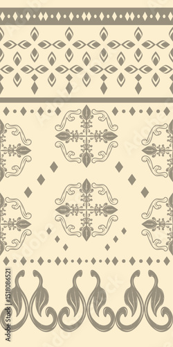 Magnificent Cross Floral Filigree Hand Drawn Traditional Victorian Geometric Fantasy Design with Royal Silver Grey on Beige Background. Luxury Classic Art Pattern as Border Embroidery Textile Ceramic 