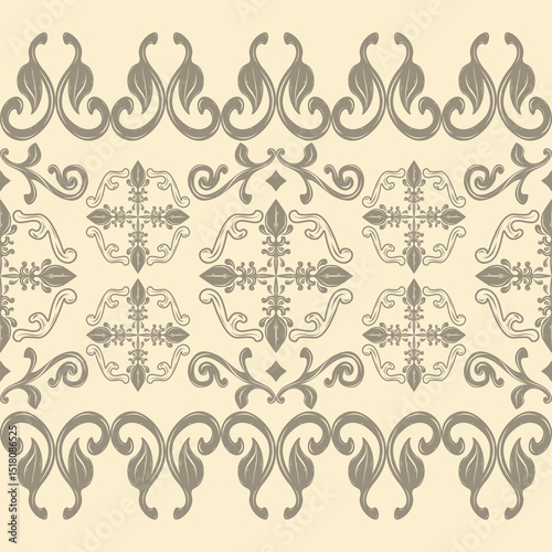 Filigree Elaborate Silver Grey Color Ornament on Beige Background. Cross Victorian Medieval Baroque Rich Opulence Luxury Pattern for Carpet Curtain Wallpaper Embroidery Batik Mosaic Border Tiles Floor