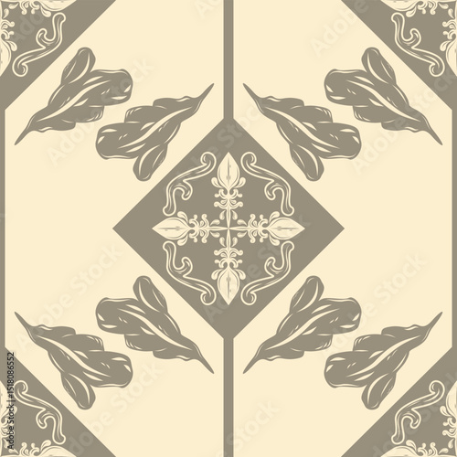 Feel the nature inspired from ikat hand drawn illustration with silver grey ornament on cream background. Geometric diamond shape with luxury element among the leaves seamless pattern for rich decor