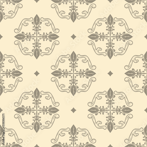 Medieval Hand Drawn With Traditional Detailed Seamless Silver Grey on Beige Background for Elegance Pattern. Illustration ikat baroque Repeat scroll ornament of rich motif border design embroidery rug