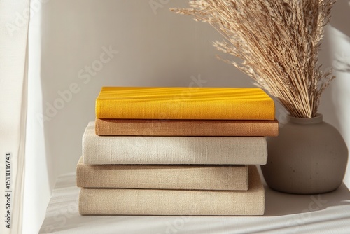 Stack of colorful books with dried flowers on a beige background