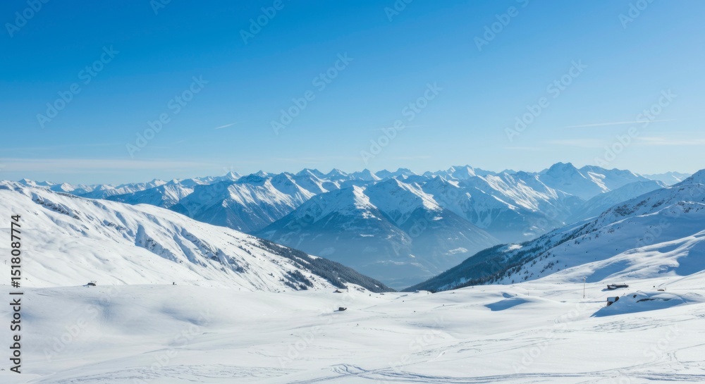 Obraz premium Panoramic view of snow-covered mountains under a clear blue sky. Vast, pristine landscape