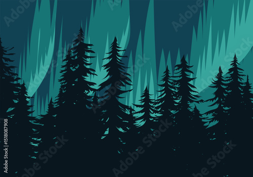 Northern light illustration with silhouette of pine trees