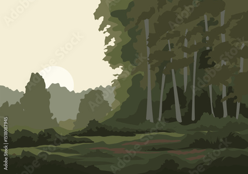 Hand drawn forest morning landscape illustration