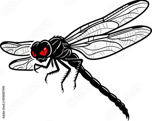 Fierce Black Dragonfly with Detailed Wings and Glowing Red Eyes