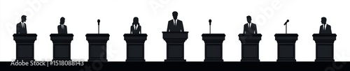 A creative illustration of a tribune podium in silhouette form is set against a transparent background and includes microphones