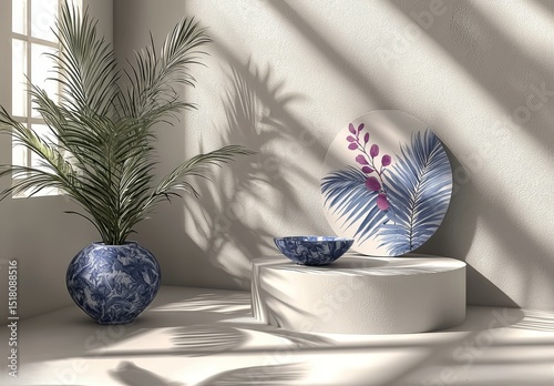 The scene features a 3D white round product podium with a green leaf on a minimalist background and lighting, showcasing an abstract composition, a 3D studio display showroom, and a cosmetic product