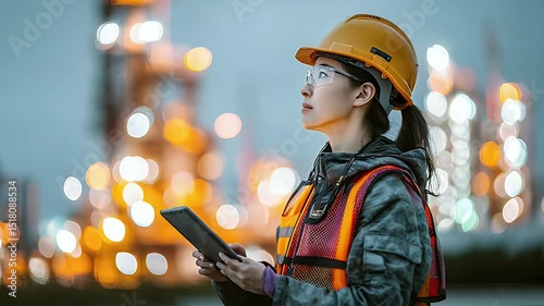 Female engineer in safety gear using a tablet at dusk near an industrial facility with glowing lights