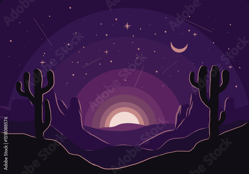 Fantasy desert night sky illustration with moon and stars