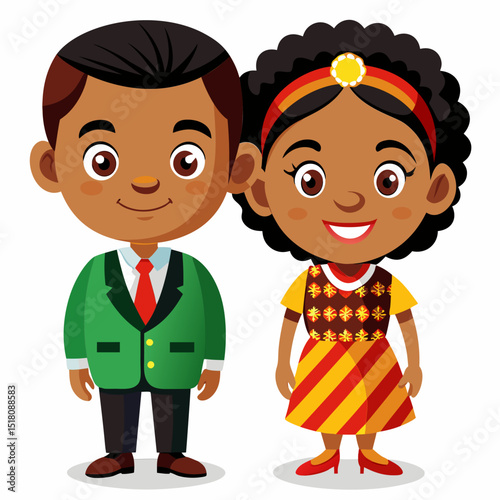 Adorable Cartoon African Children in Traditional Clothes