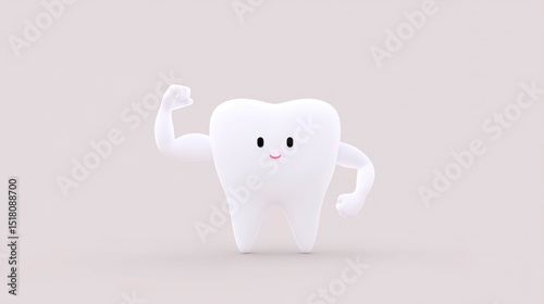 Cartoon tooth character with muscular arms, smiling confidently, standing on a neutral background, promoting dental health and strength in a playful and engaging manner