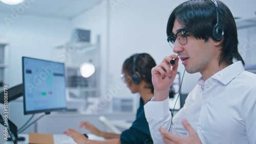 Diverse Male, Female Customer Service Operators working at call center. Group of Customer Care service employee with headset on call with client talking, online advice, telemarketing, CRM Marketing.