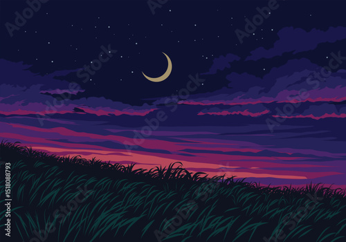 Serene night time illustration with dusk, grassland, moon and stars