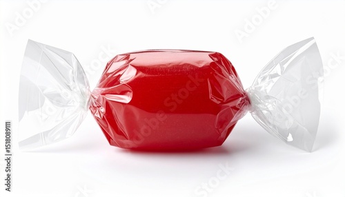 red sweet candy in transparent pack on white background