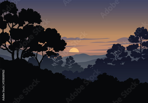 Foggy forest sunset silhouette illustration