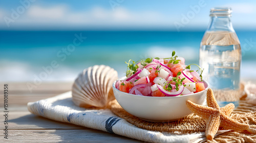 Fresh seafood salad served in a white bowl on a wooden table, accompanied by a bottle of water and decorative shells, evoking a beachside dining experience. Selective focus