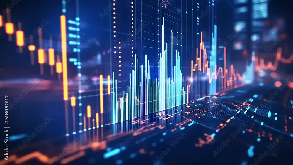 Abstract digital financial data visualization with glowing graphs and charts in a modern cityscape