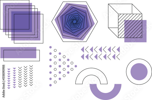 abstract geometric shapes and lines in shades of purple and white, including nested squares, a hexagon with nested lines, a wireframe cube, and various arrangements of dots, arrows, and arcs.