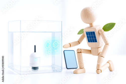 Wooden robot with solar panel on its chest is interacting with smartphone and water testing device inside transparent container, symbolizing eco friendly technology and smart water monitoring