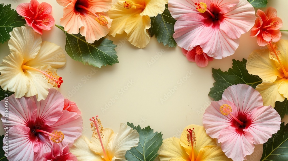 Bright tropical hibiscus flowers create a vibrant frame on a soft background Bright tropical hibiscus flowers create a vibrant frame on a soft background