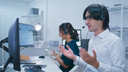 Diverse Male, Female Customer Service Operators working at call center. Group of Customer Care service employee with headset on call with client talking, online advice, telemarketing, CRM Marketing.