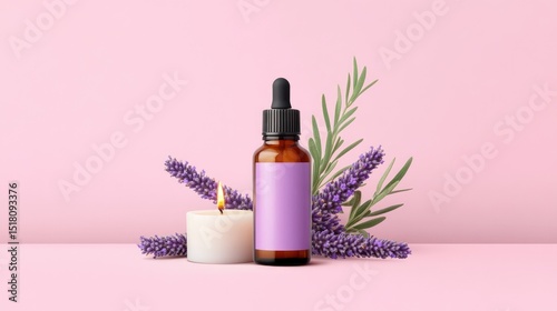 Lavender essential oil and candle display